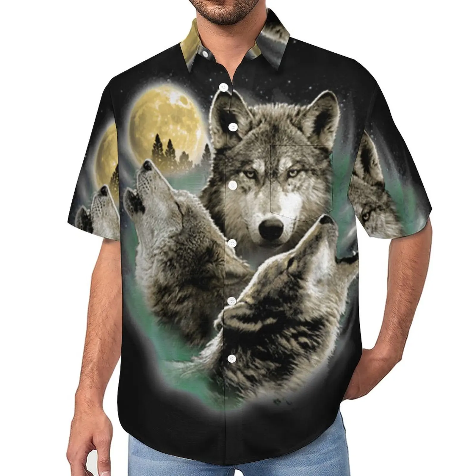 

Three Wolf Howling in Moonlight Casual Shirts Wild Animal Beach Shirt Hawaii Street Style Blouses Man Graphic Plus Size 4XL