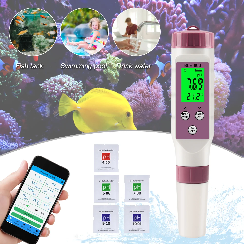

Salinity S.G PH Meter 7 in 1 Temp ORP EC TDS Online Blue Tooth Water Quality Tester APP Control for Drinking Laboratory Aquarium