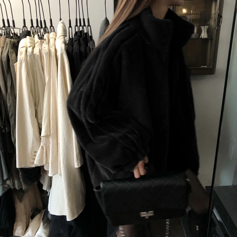 Winter Black Faux Fur Jacket Women's Long-sleeved Stand-up Collar Plus Velvet Thickening Fashion New Style 2021 Women's Clothing