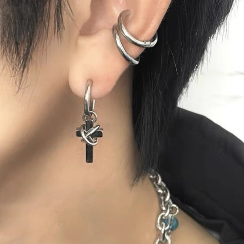 

Trendy Cross Pendant Hoop Earrings for Women Men Punk Cross Bundle Personality Design Ear Buckle Y2K Accessories Fashion Jewelry