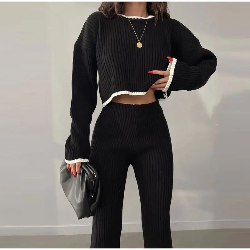 

Fashion Kniteed Woman Set Autumn Long Sleeve Skinny Tops and Split Weid Leg Pants Suit 2023 Tracksuits 2 Piece Set Outfits