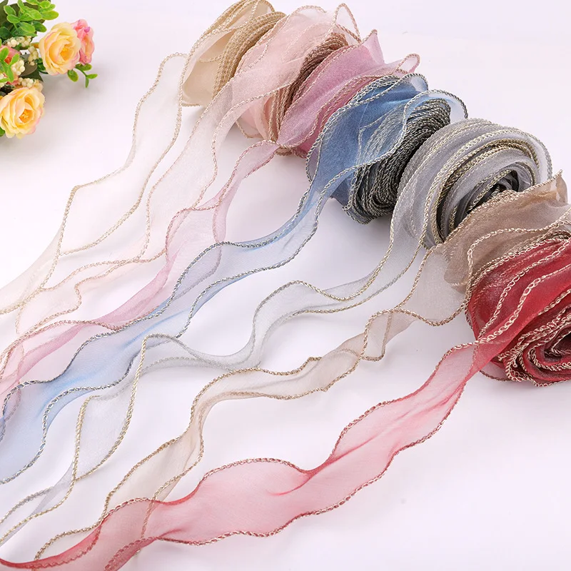

5 Yards Organza Ribbon Gold Edge Wave Silk For Gift Wrapping Chair Sashes Bow Wedding Wreath Decorations Bouquet Wrap Organza