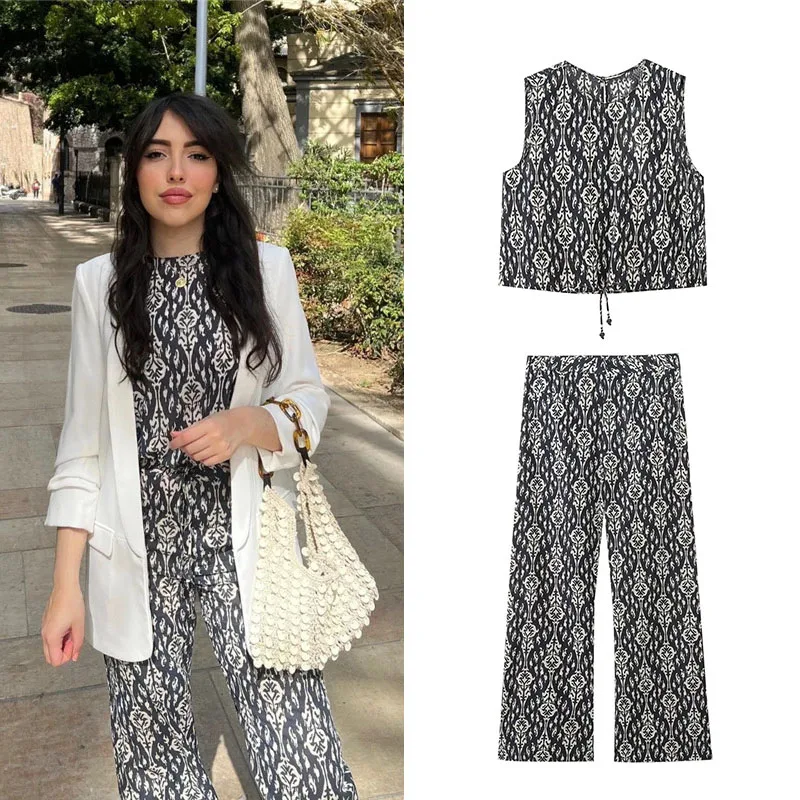 

Женские брюки с широкими штанинами и принтом в стиле ретро, повседневные мешковатые блузки без рукавов, шикарные прямые брюки с высокой тал...