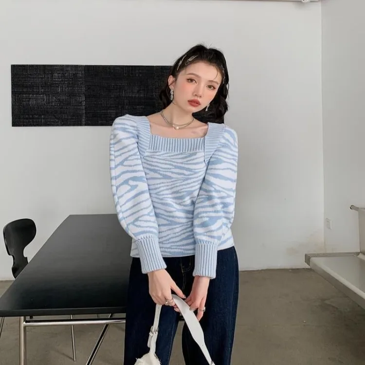 Korejepo сине-белые полоски контрастных цветов квадратный воротник ленивый свитер