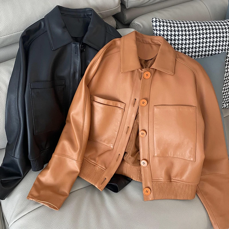 Высококачественная куртка из овечьей кожи с карманами для женщин Осень-зима 2024