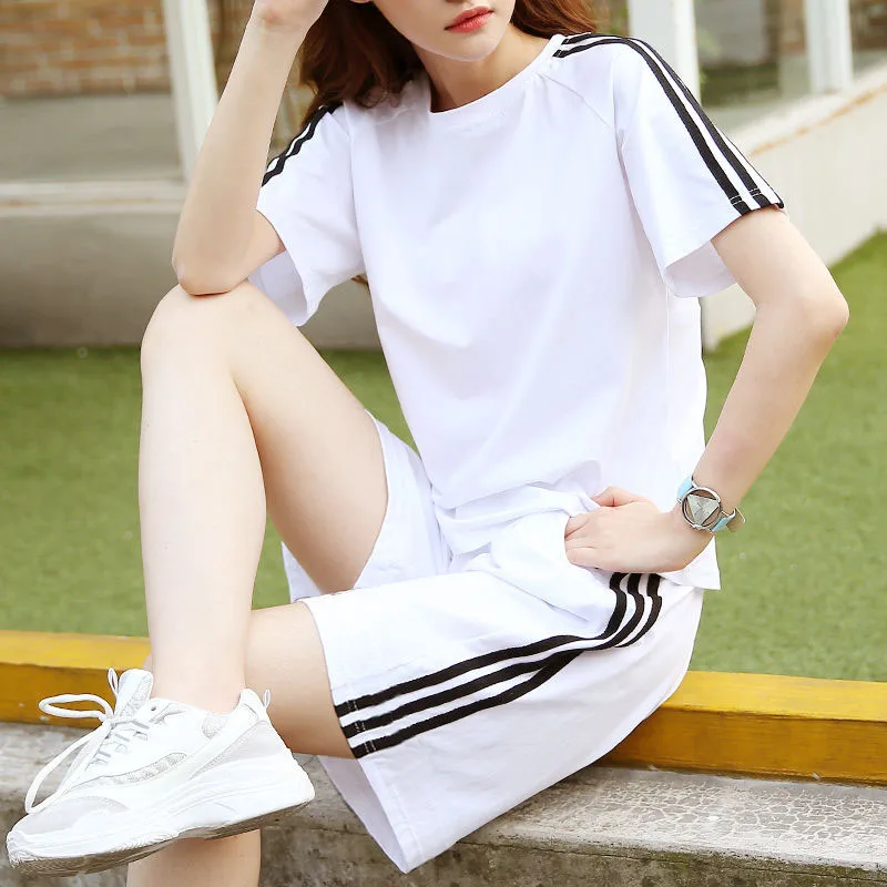 

Summer New Women's Leisure Sportswear Plus Size Short-sleeved Korean Cotton Suit Two-piece Fashion Capris