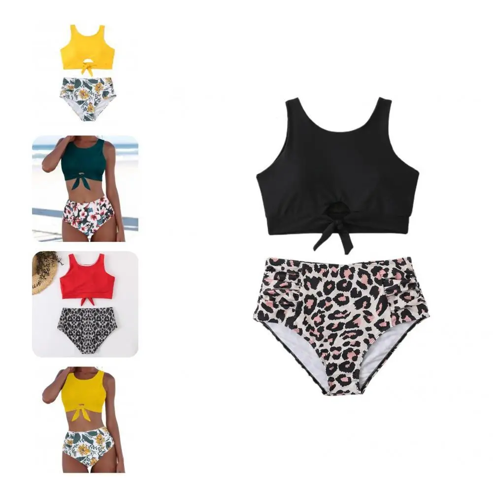 

Stylish Women Bathing Suit Wire Free Knot Quick Drying Vest Style Bra Floral Print Briefs Bathing Suit