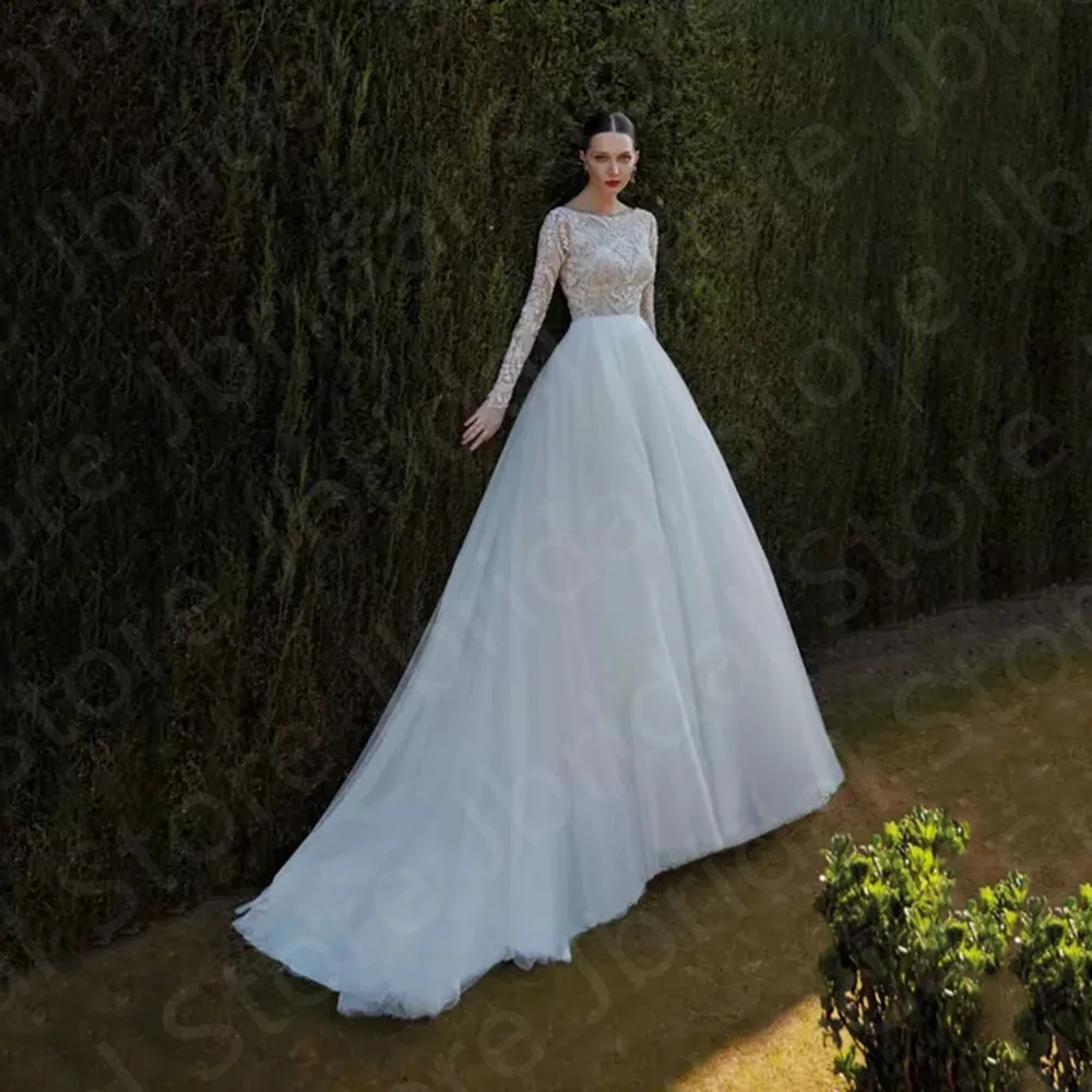 

Charming Holy White Wedding Dresses Lace Long Sleeves Bridal Gowns Boat Neckline Bride Dresses Back Out Court Train On Sale