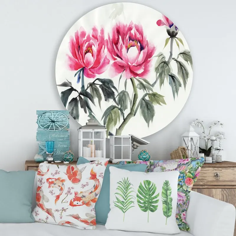 

'Ancient Purple Peonies Branch' Traditional Circle Metal Wall Art 36x36 - Disc of 36