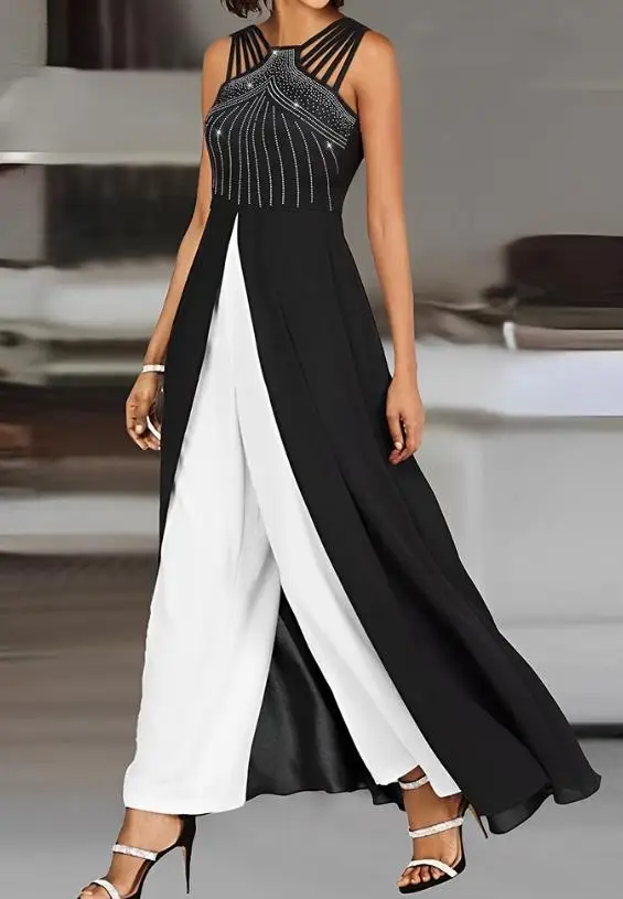 

Multi Strap Rhinestone Slit Long Tank Top Fashion Asymmetrical Neck Sleeveless Casual Top Female Temperament Commuting Summer