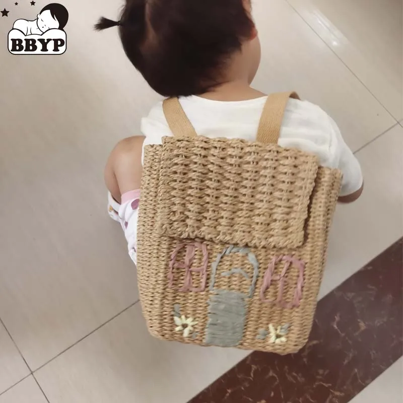 New style Kawaii double-shoulder straw woven bag with hand-carrying woven backpack For Children