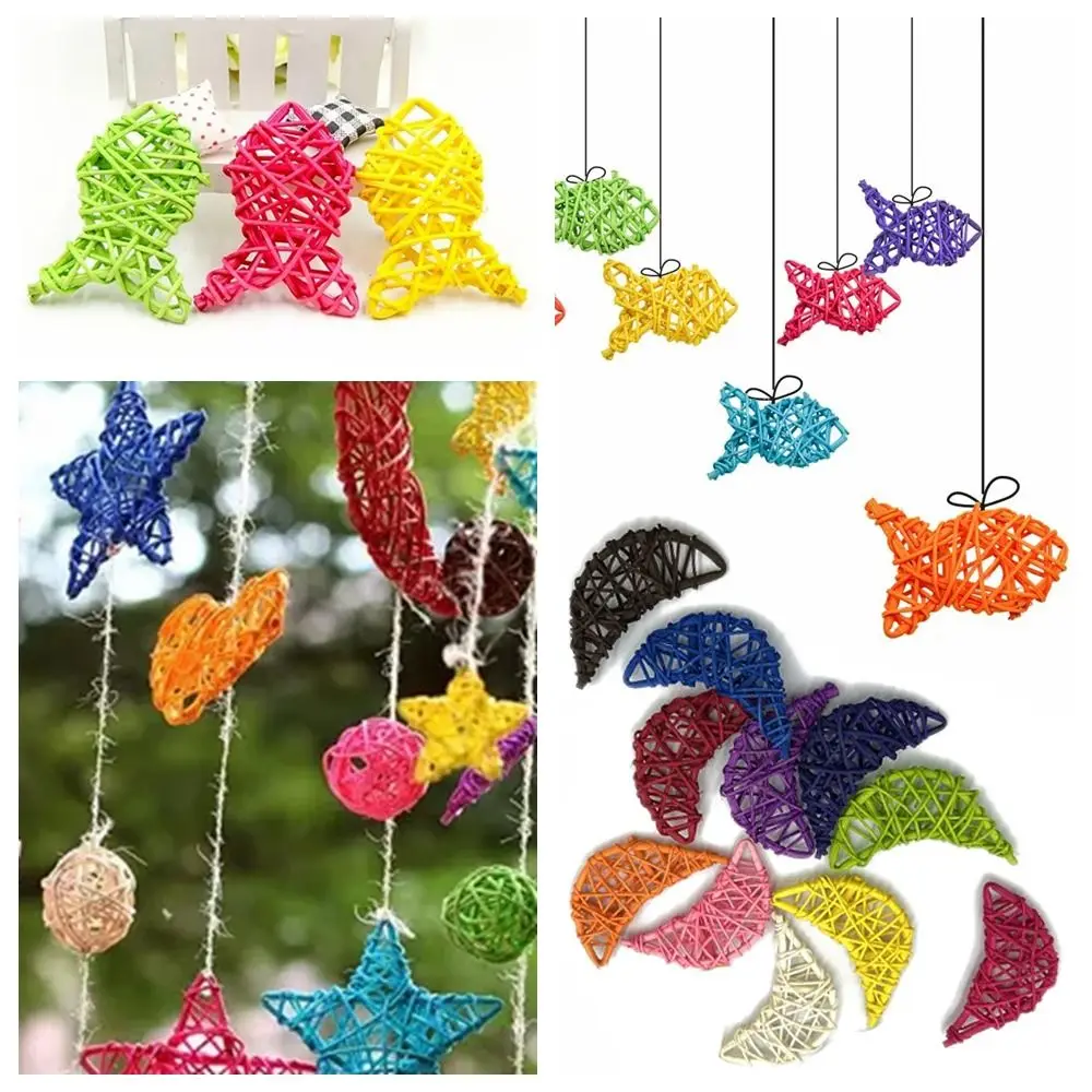 

8/11/14cm Natural Rattan Pendant Creative Wicker DIY Accessories Fish/Moon Shape Wedding Colorful Hanging Decoration Christmas