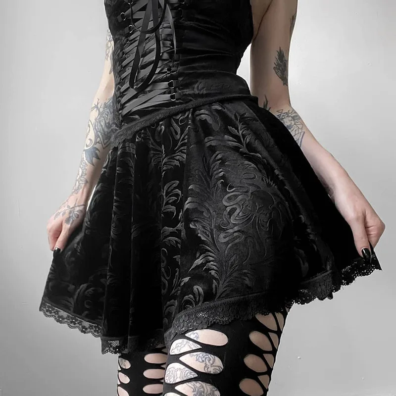 

Юбка женская бархатная с высокой талией, пикантная винтажная кружевная уличная одежда в готическом стиле, черная, в стиле Харадзюку, на лето