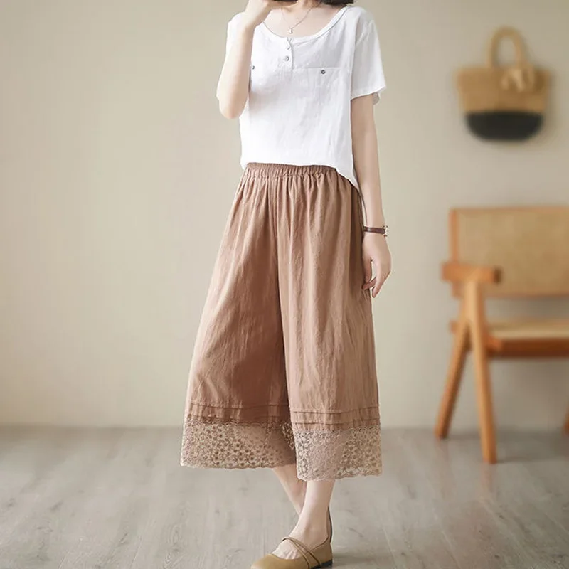 Женская одежда широкие брюки длиной до икры повседневные однотонные летние с