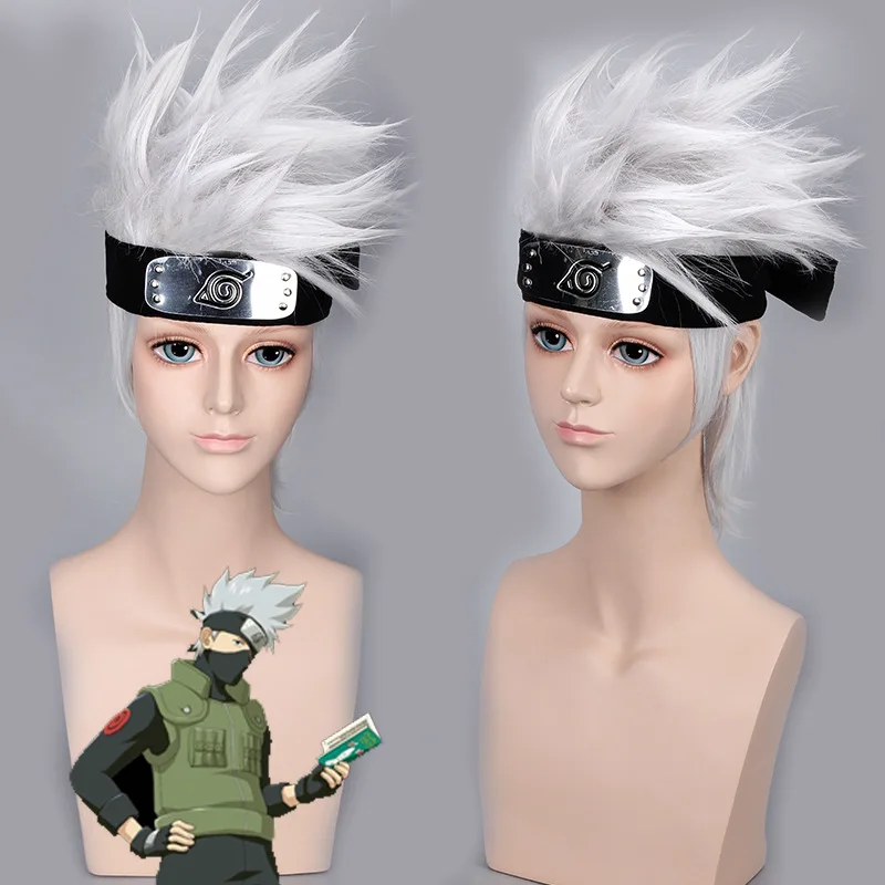 Anime Naruto Cosplay Hatake Kakashi Cosplay Wig Silver White Hot Short Heat Resistant Synthetic Hair Wig + Headband + Mask