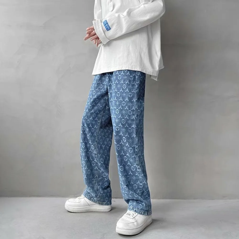 American Retro Jacquard Jeans Men Autum Summer Thin Street Ruffian Handsome Loose Pants Straight Drop Vintage Denim Distressed