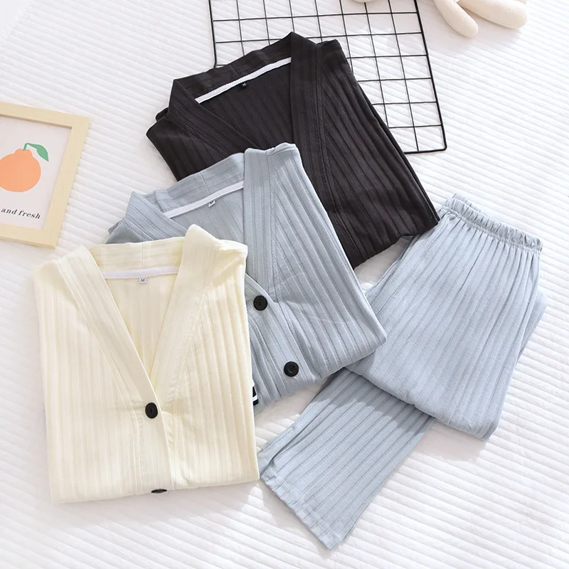 Women Nightwear V-neck Jacquard Knitted Cotton Couple Pajamas Set Four Seasons Thin Casual Elastic  Long-sleeved Men Home Wear