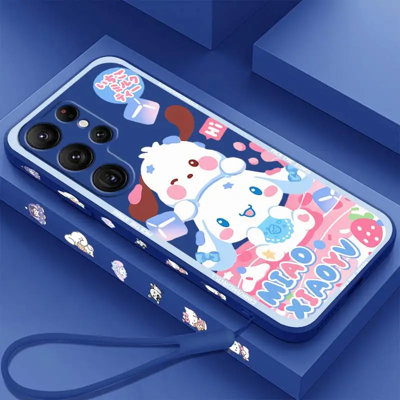 

Sanrio Cinnamoroll Cartoon Phone Case For Samsung Galaxy S23 S22 S21 S20 FE S10 Ultra Plus Lite 5G Liquid Left Rope Cover