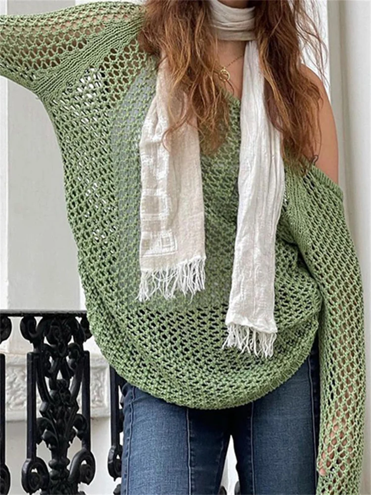 

hirigin Chic Women Vintage Loose Sweaters Sexy Hollow Out Long Sleeve Pullovers Top Y2K Aesthetic Retro Crochet Knitwear 2022