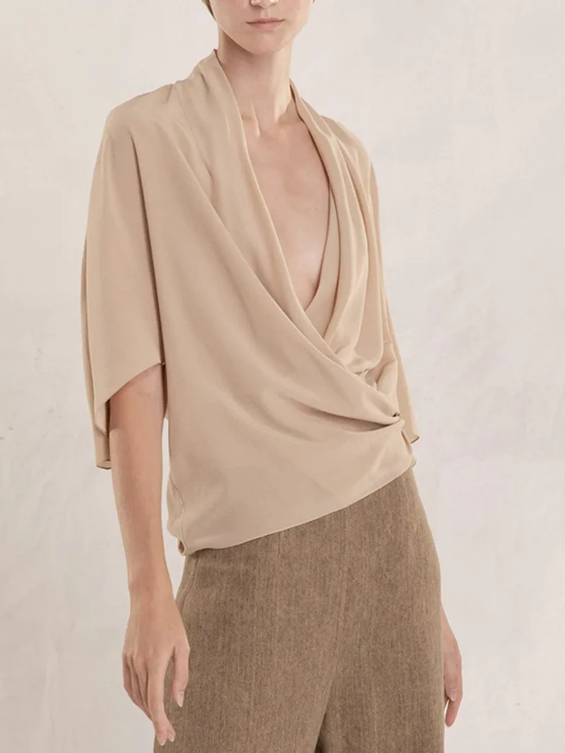 

Women's Sand Color V-Neck Wrapped Silk Shirt Loose Irregular Mid-Sleeve Blouse