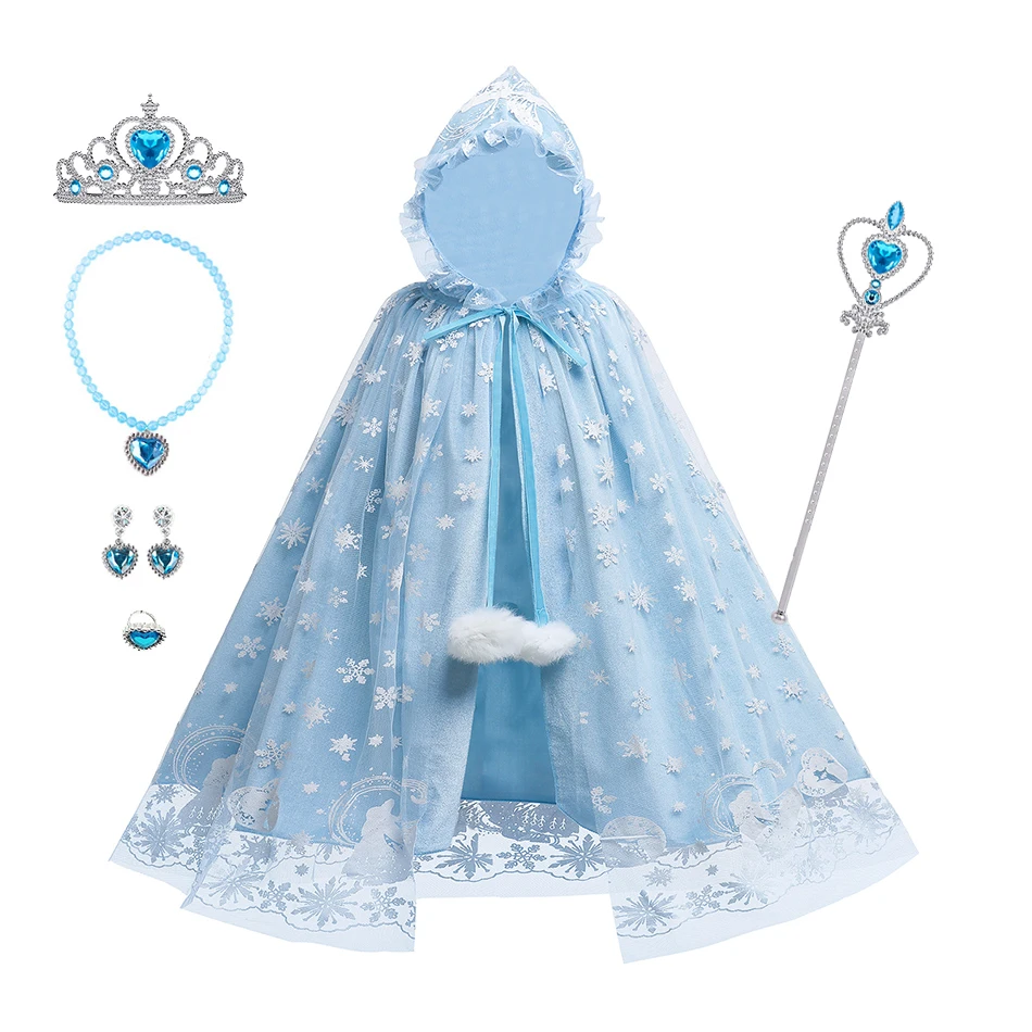 

Girls Dress Baby Elsa Anna Party Cloak with Crown Necklace Wand Children Aurora Christmas Cape Cinderella Belle Cosplay Costume