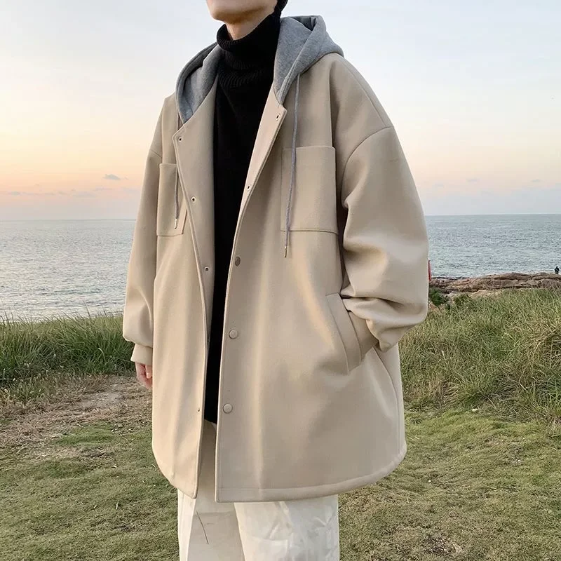 

woolen coat men winter clothe new thick loose casual jacket Hong Kong style Preppy handsome unisex mid-length windbreaker