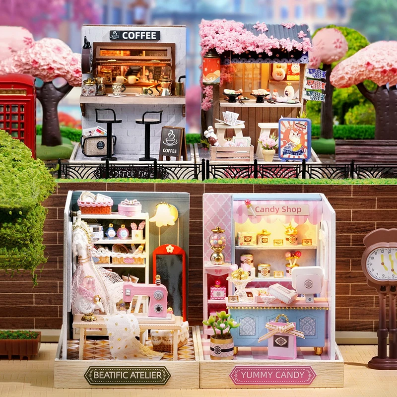 

NEW DIY Mini Casa Wooden Doll Houses Miniature Building Kits Sakura Noodles Shop Coffee Store Dollhouse with Furniture Gifts