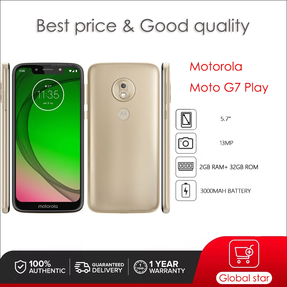 Фото Motorola Moto G7 Play XT1952 Восстановленный оригинальный разблокированный телефон 2 ГБ ОЗУ 32 ГБ ПЗУ 5,7 дюйма 13 МП 4G LTE 3000 мАч Мобильный телефон №1