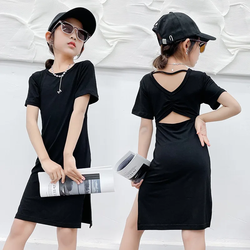 

Girls' Dress Summer New Style Children's Backless Cross Fit Bag Buttock Split Short Sleeve Dress Girls' Solid Color Dress