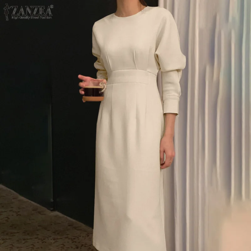 

ZANZEA Elegant Office Lady Dress Women O Neck Long Sleeve Work OL Sundress Spring Stylish Solid Midi Pencil Vestidos Robe Femme