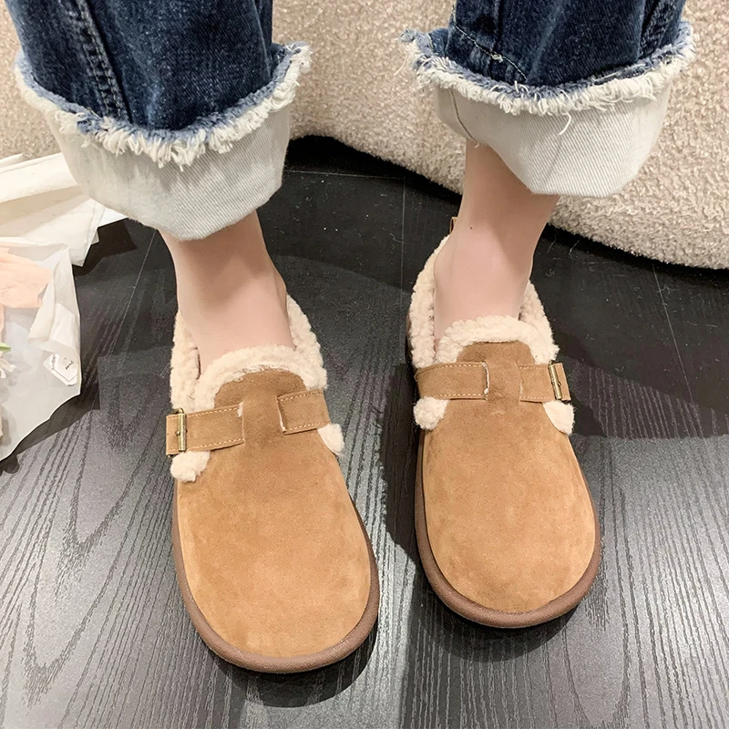 

Comfortable Cotton Shoes Women's 2022 Winter New Fashion Solid Color Plush Warm Round Head Belt Buckle Flat Women's Shoes