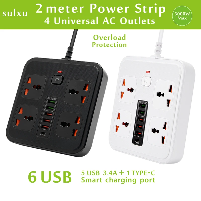 

Universal power socket with overload protection 4 AC Outlets 2-meter cable Expansion power strip 6USB 5V3.4A Portable socket