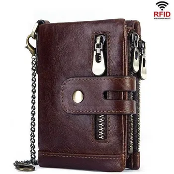 Chain Men's Wallet Vintage Genuine Leather Wallets for Women RFID Blocking Bank Credit Card Holder Zipper Wallet Men's Purse 1
