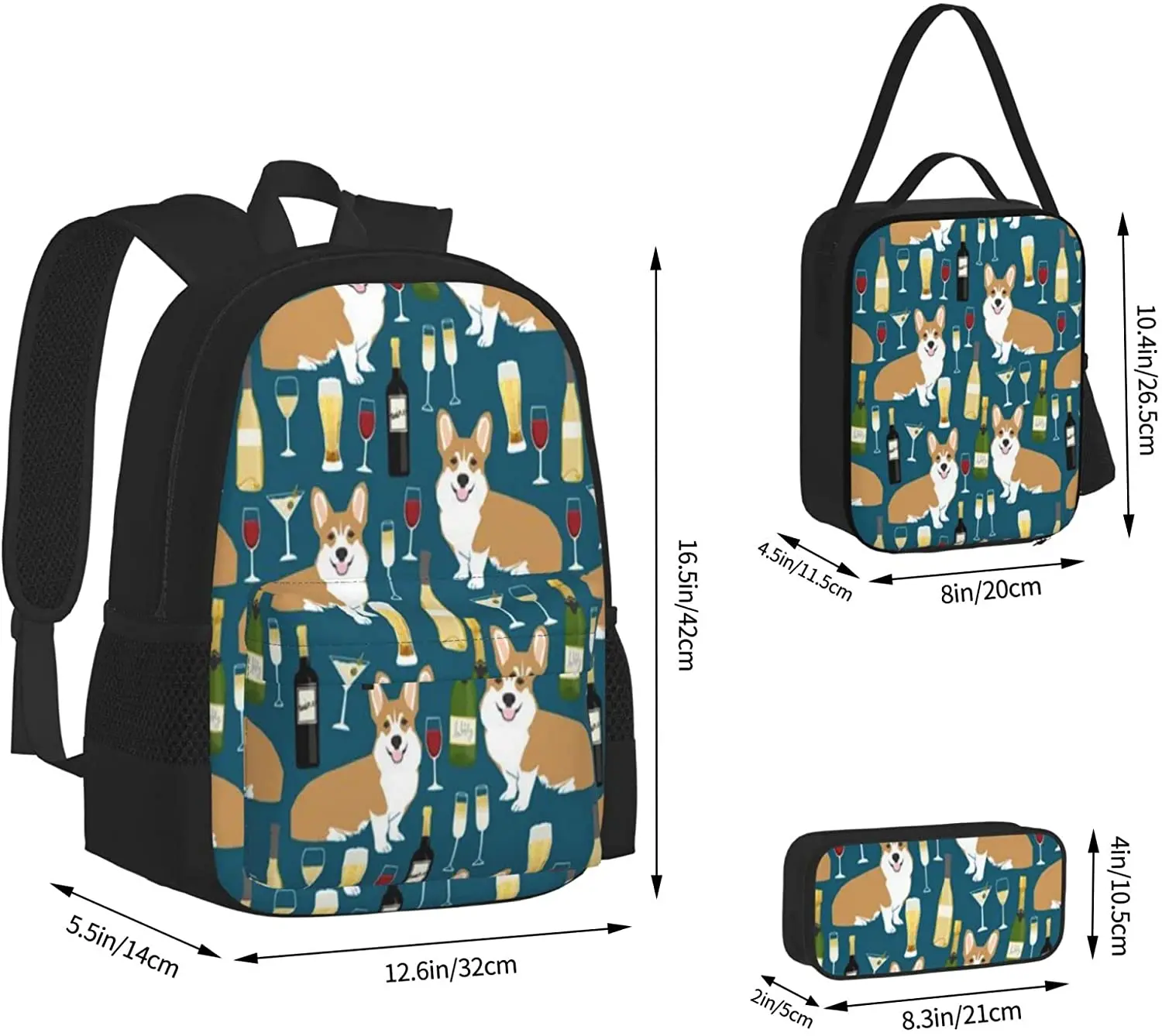 Kids School Backpack Corgis And Wine Schoolbag Travel Bag Casual Daypack Lunch Bag Pencil Case for Boys Teens Girls 3pcs Sets