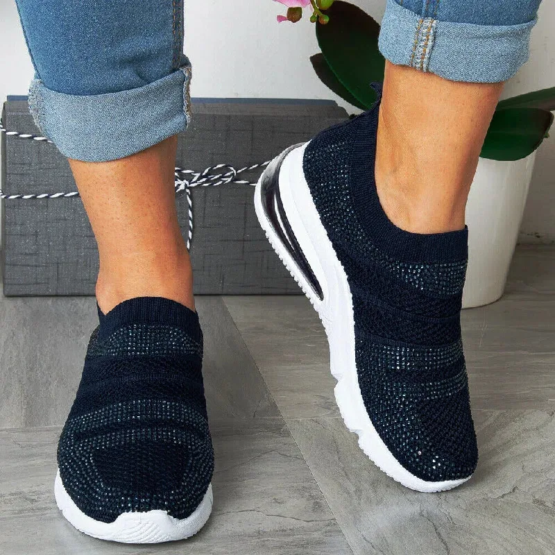 

2022 Summer Women Vulcanized Shoes Breathable Mesh Fashion Bling Sneakers Slip on Sock Wedges Shoes Women Loafers Walking Shoes