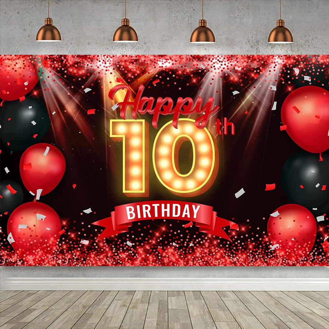 Happy 10th Birthday Party Cake Banner Photography Backdrop Red and Black 10 Years Old Background Bday Decorations for Girls Boys