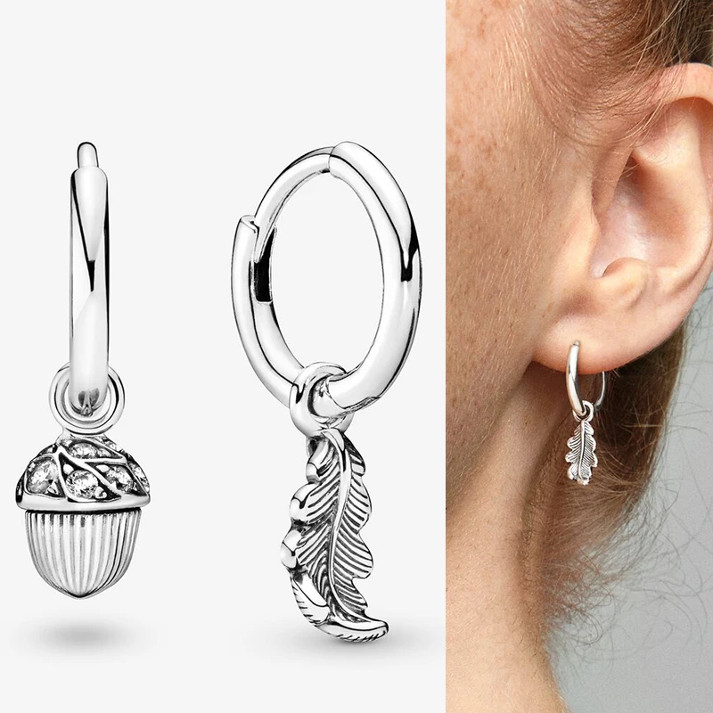 

925 Sterling Silver Pan Earring Shiny Silver Acorn & Deciduous Earrings For Women Wedding Gift Fashion Jewelry