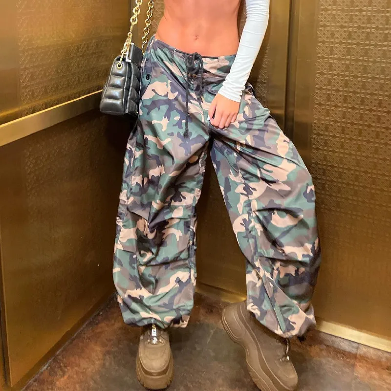 

Hippie Clothes Autumn Camo Cargo Pants Women Wide Leg Low Rise Drawstring Sports Pants Grunge Clothes Y2k Vintage Streetwear