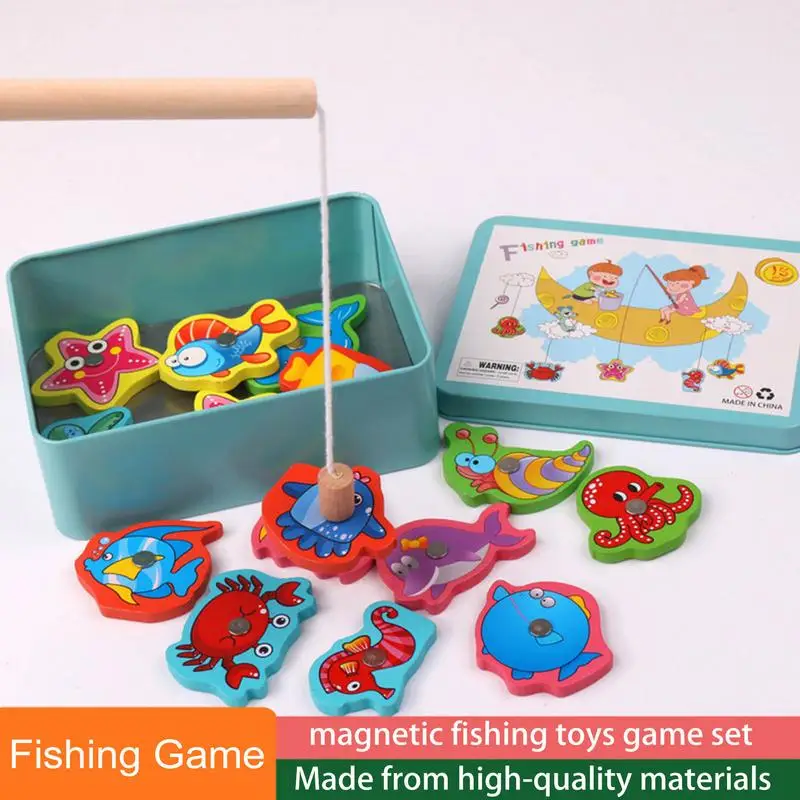 

Magnetic Wooden Fishing Game Cartoon Marine Life Cognition Fish Rod Toys For Children Early Educational Parent-child Interactive