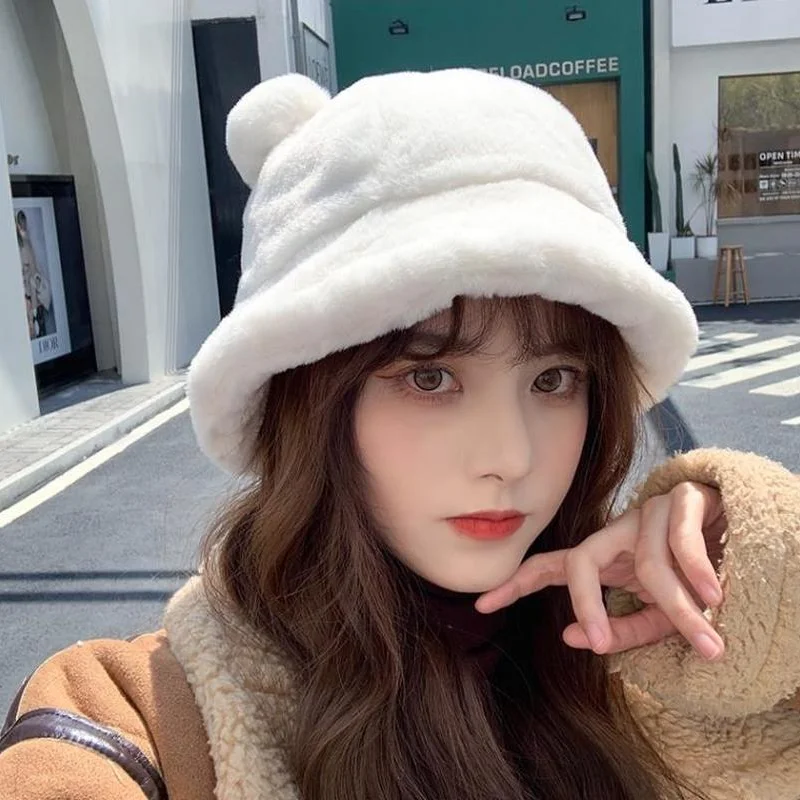 

Women Winter Hat 2021 Ball Bear Ear Plush Bucket Hat Fashion Autumn Winter Leopard Print Bucket Hat Rabbit Fur Soft Warm Hat