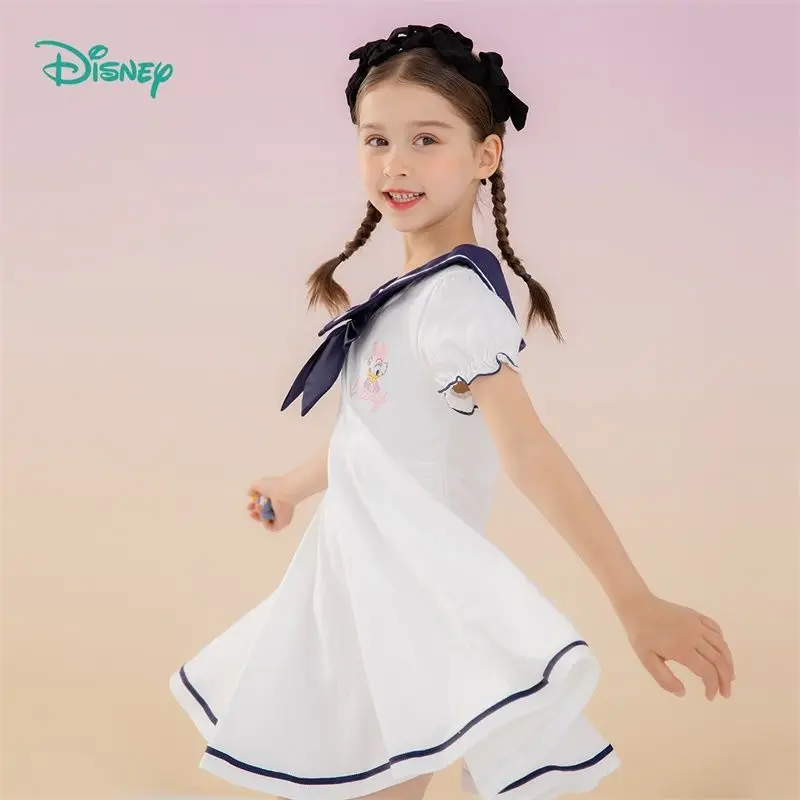 Disney Girls Vestidos Bow Short-Sleeved Dresses Children's Princess Dress 2022 Summer New Pleated Kids Skirt