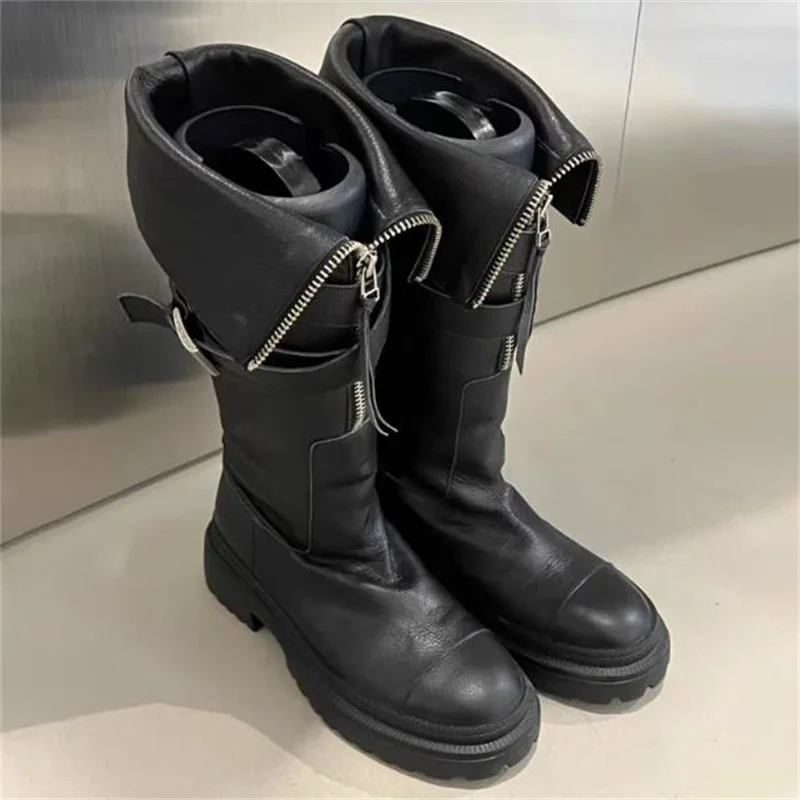 

Belts Buckle Women's Shoes Front Zippers Long Calf Botas Mid Heels Round Toes Female Boots Zapatos De Mujer Button Black Botas