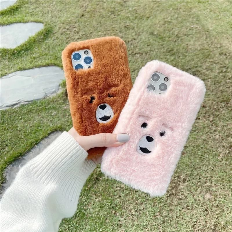 

Cute Teddy Bear Plush Phone Case For iPhone 13 Pro Max Case 11 12 Pro X XS XR 6 6S 7 8 Plus 5 SE 2022 Warm Winter Fur Soft Cover