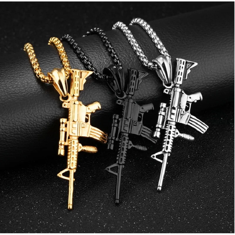 

HipHop Alloy Refined Stylish Iced Out Gold Silvery Color Alloy M4 Gun Pendants Necklace For Men Rapper Jewelry