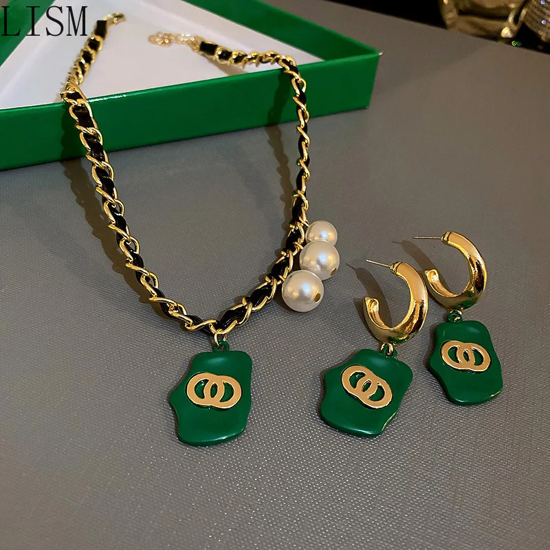 

925 Silver Needle Geometric Double Ring Earrings Women's Korean-Style Green Earrings Stylish Elegant Necklace Set korean fashion