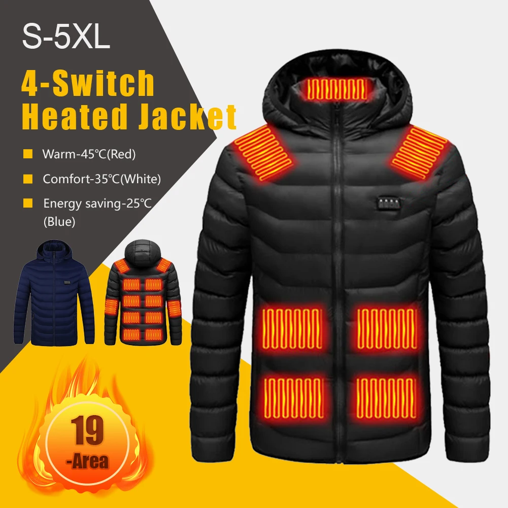 

New 19 Areas Heated Jacket For Men Women Winter Warm USB Heating Jacket 4 Switches 3 Gear Temperature Control Outdoor Sportwear