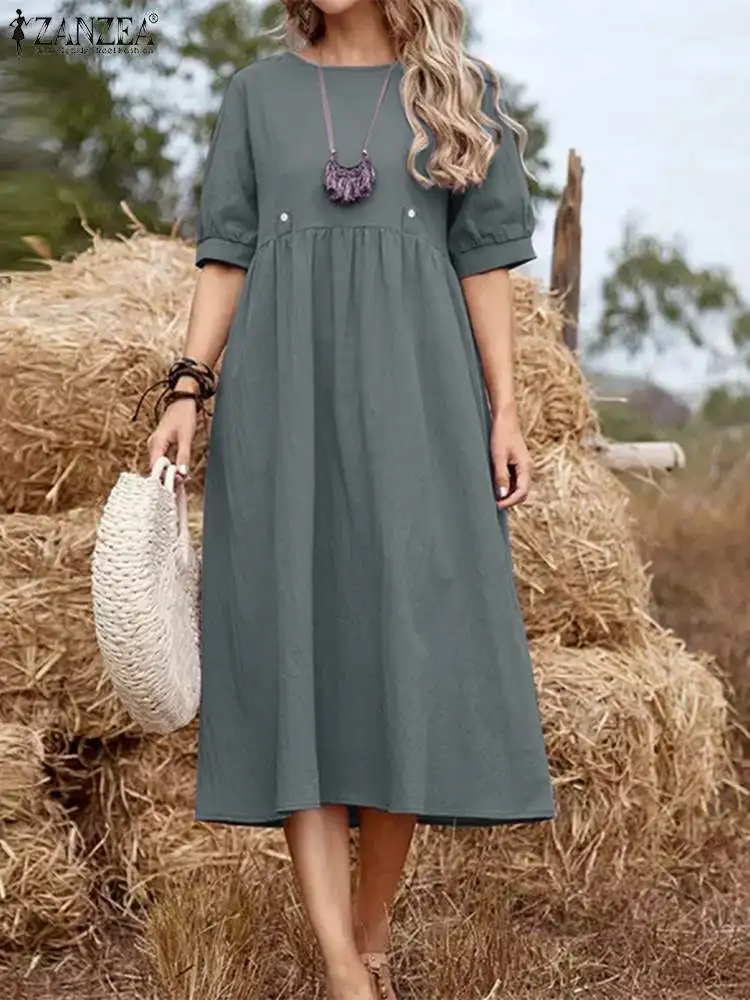 

2023 ZANZEA Summer O Neck Half Sleeve Sundress Women Casual Party Vestido Kaftan Fashion Solid Holiday Mid-calf Dress Robe Femme