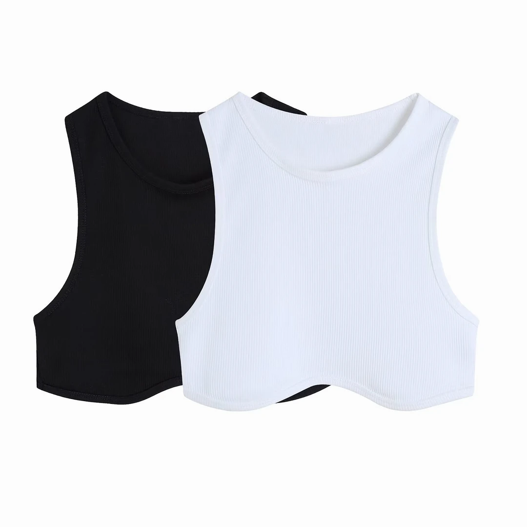 

Женский эластичный Топ без рукавов, черно-белый укороченный топ с круглым вырезом, трикотажная одежда, 2022