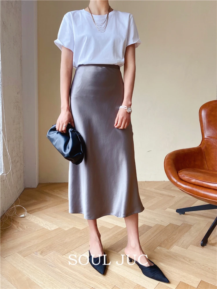 

Silk Satin Skirts for Women High Waisted Skirt 2022 Women A-Line Elegant Skirts Summer Pink Midi Skirt New Korean Style