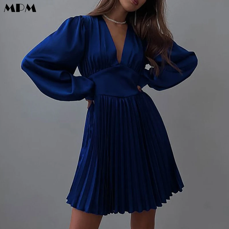 

Fashion Pleated Long Sleeve Women's Dresses Elegant Solid High Waist Women V-Neck Skirt Casual Simple Short Skirt 2022 Summer